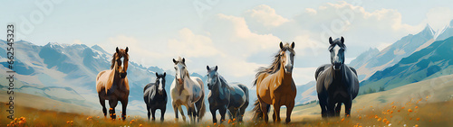 five horses   wild horses gallops across a vast plain  horses are of various colors and breeds  and they are all moving in perfect unison.