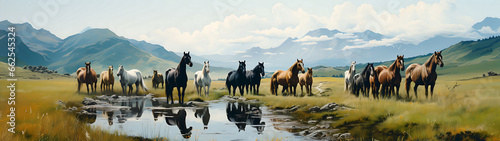A group of wild horses, The horses are of various colors and breeds, and they are all looking in the same direction. photo