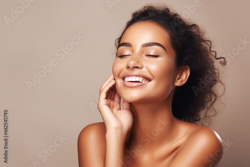 Portrait of young beautiful woman with perfect smooth skin beauty spa salon concept, Close up, Smile, Isolated background, cosmetics model photo