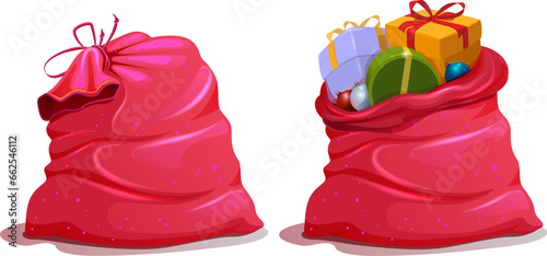 Set open and close red Christmas bag with gifts. Vector cartoon illustration isolated