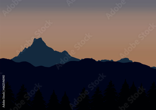Landscape with mountains and pine forest at sunset. Vector illustration in flat style.