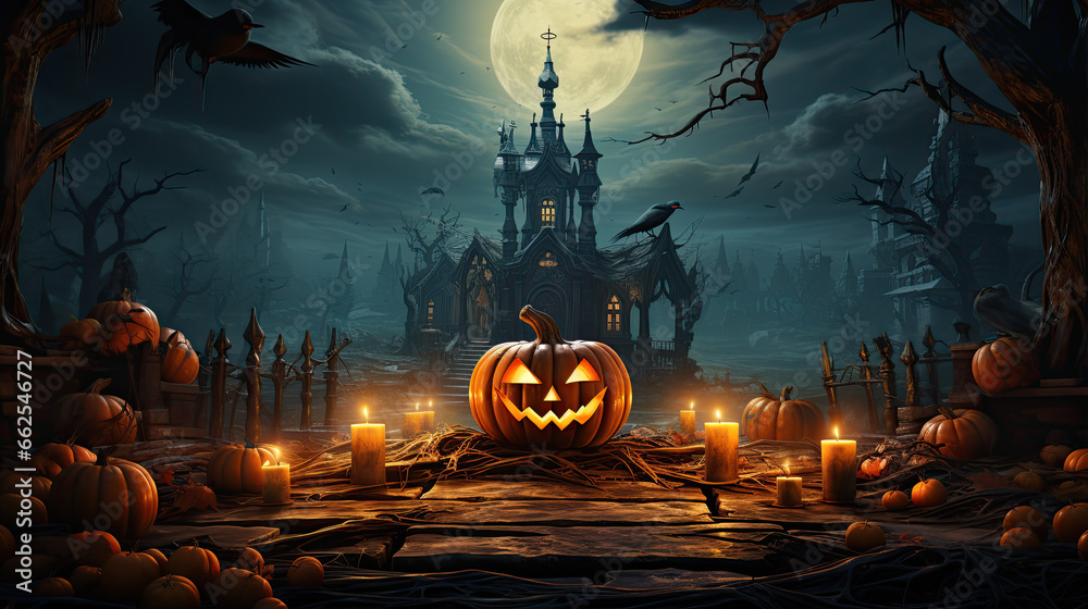Halloween pumpkin head jack lantern with burning candles, Spooky Forest with a full moon and wooden table, Pumpkins In Graveyard In The Spooky Night - Halloween Backdrop. - obrazy, fototapety, plakaty 