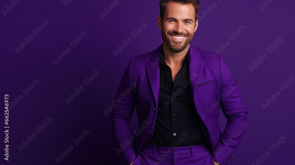Fototapeta premium Ultra handsome Caucasian, who is smiling and laughing, wearing bright purple clothes. Bright purple solid background similar to the dress color.