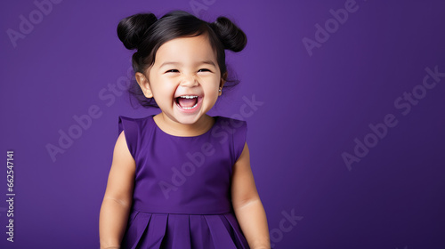 Happy Asian baby, smiling and laughing, wearing a solid purple dress. solid purple background similar to the dress color. photo