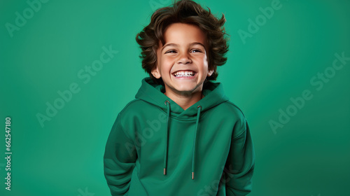 Happy young boy, smiling and laughing, wearing a solid bright green sweatshirt. solid bright green background similar to the dress color.