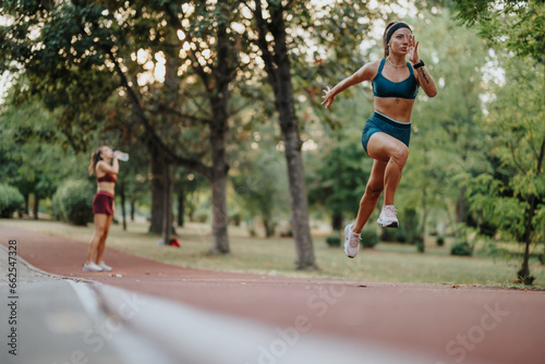 Outdoor Fitness: Active Girls Running in a Green Park for Cardio Workout and Endurance Training