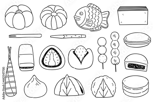 和菓子をテーマにした手描き線画ベクターイラストセット