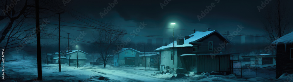 Deep Blue Neon Reflections on Snowy Streets