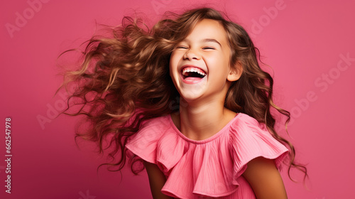 Happy smiling ultra beautiful business young girl wearing bright Pink clothes on a solid pink background