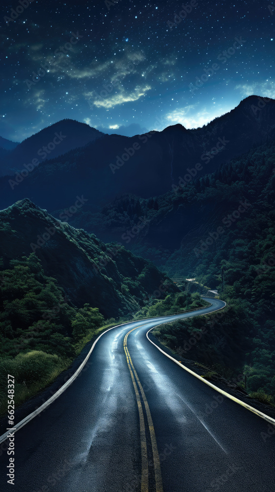 Mountain Road Under a Fantasy Night Sky