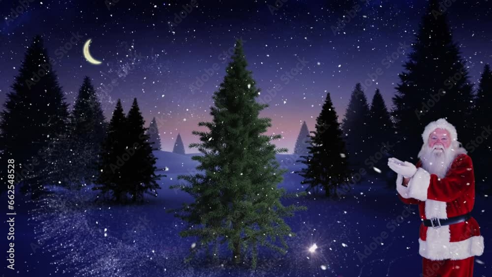 Animation of santa claus and christmas tree in night winter landscape Animation of santa claus and christmas tree in night winter landscape