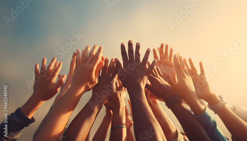 Group of people rising hands up in the air