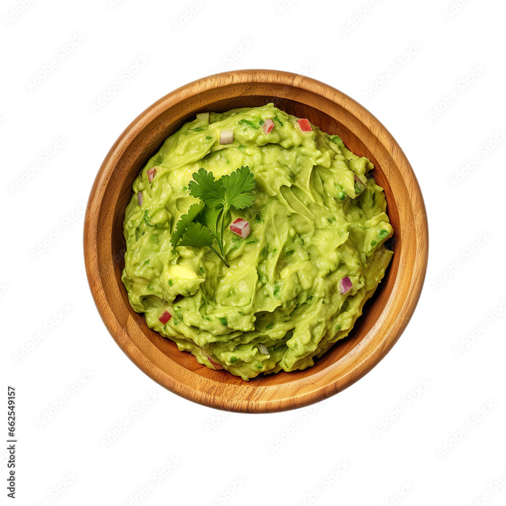 Top view of guacamole dip in a wooden bowl isolated on a white background Top view of guacamole dip in a wooden bowl isolated on a white background