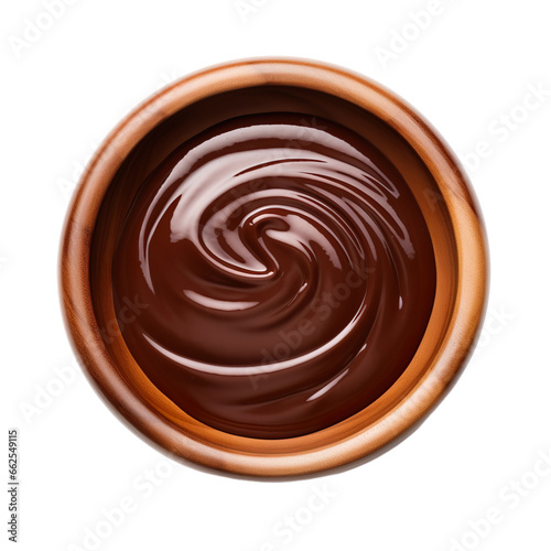 Top view of chocolate fondue dip in a wooden bowl isolated on a white background