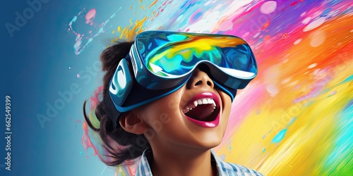 Excited child or kid wearing VR headset with a big smile on face  enjoying a virtual reality experience that sparks wonder and joy. Generative AI
