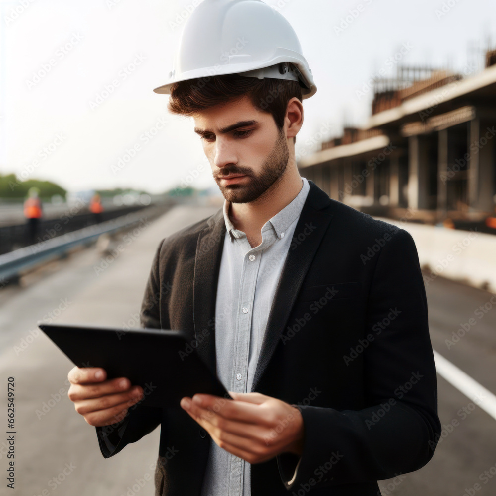 A young contractor wears a helmet while holding a tablet. Standing and inspecting the concrete road construction project A young contractor wears a helmet while holding a tablet. Standing and inspecting the concrete road construction project