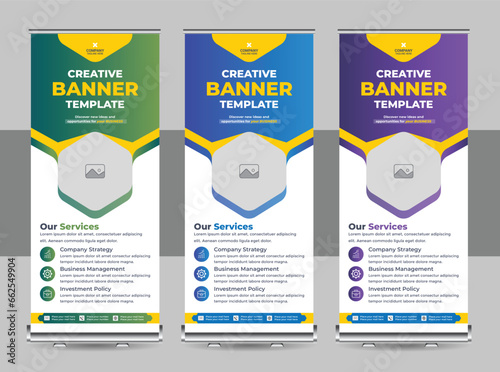 Creative Roll up banner design, Editable vertical template vector set, modern standee and flag banner template layout