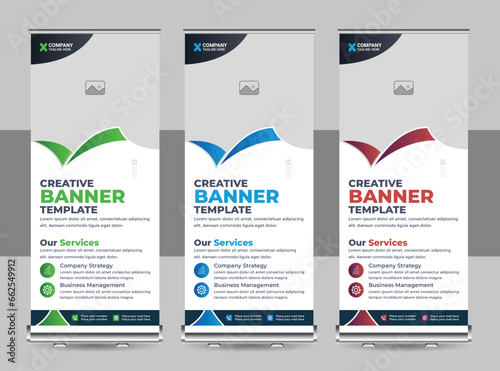 Modern Business Roll Up Banner stand, Presentation concept,  Vertical roll up template billboard, Creative banner stand or flag design layout