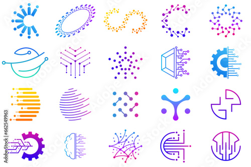 Set of technology dot logo design and business card. symbol tech, internet, system, Artificial Intelligence and computer. inspiration logo design modern