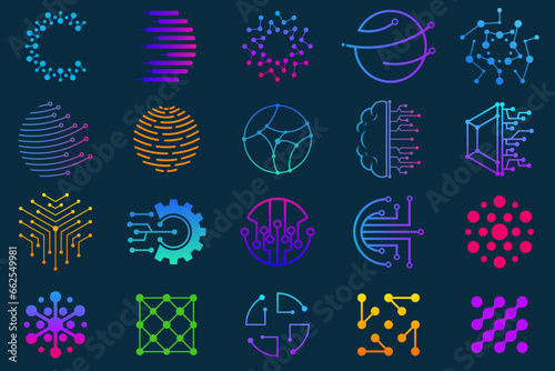 Set of technology dot logo design and business card. symbol tech, internet, system, Artificial Intelligence and computer. inspiration logo design modern