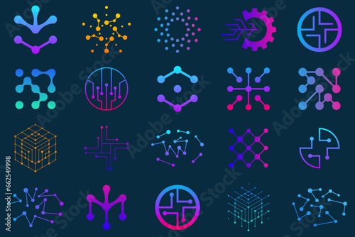 Set of technology dot logo design and business card. symbol tech, internet, system, Artificial Intelligence and computer. inspiration logo design modern