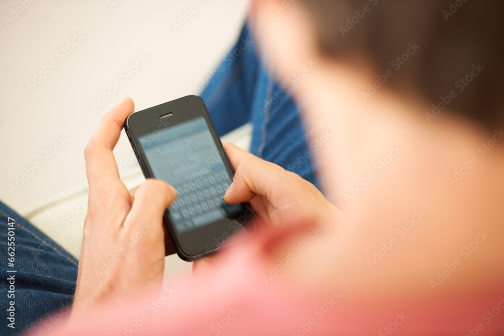 Phone, hands and closeup of man networking on social media, mobile app or the internet. Technology, cellphone and male person typing a text message or scroll on website for entertainment at home.