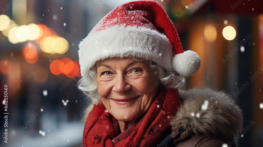 Close-up portrait of gorgeous elderly woman with Santa Claus hat looking at camera on winter street. Concept of holiday, christmas, new year, age, tenderness, Gray hair. Bokeh light. Generative AI Close-up portrait of gorgeous elderly woman with Santa Claus hat looking at camera on winter street. Concept of holiday, christmas, new year, age, tenderness, Gray hair. Bokeh light. Generative AI