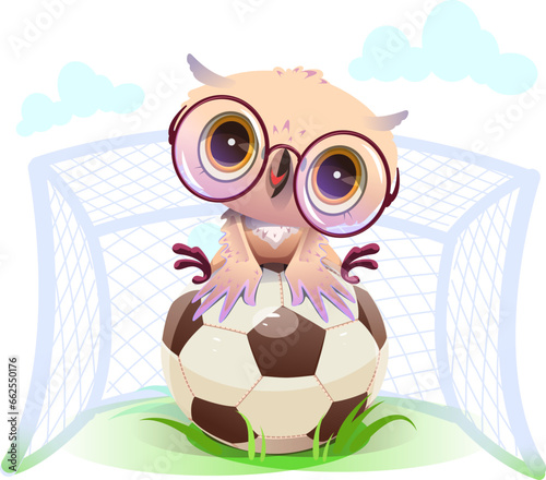 Owl goalkeeper sit on soccer ball vector cartoon illustration