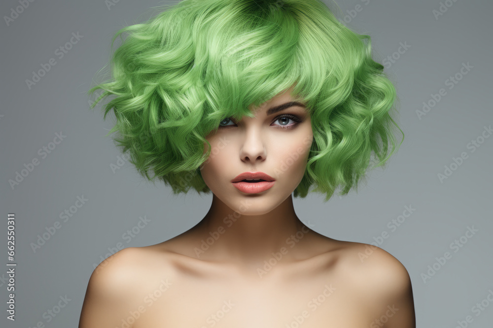 Woman with bright green hair poses for picture. This vibrant image can be used for various purposes.