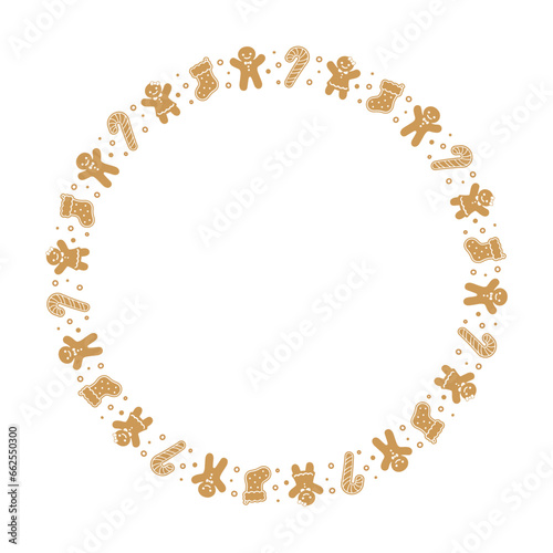 Round Gingerbread Cookies Frame Border, Christmas Winter Holiday Graphics. Homemade sweets pattern, card and social media post template on white background. Isolated vector illustration.