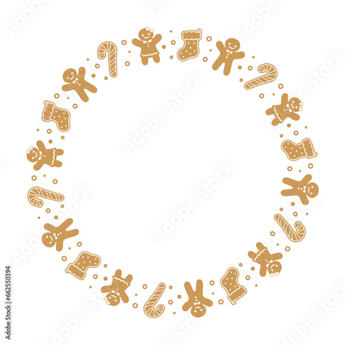 Round Gingerbread Cookies Frame Border, Christmas Winter Holiday Graphics. Homemade sweets pattern, card and social media post template on white background. Isolated vector illustration.