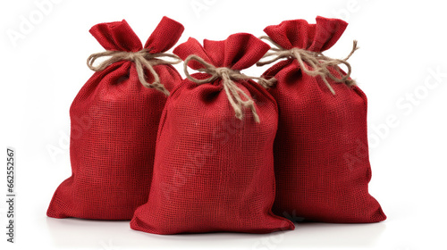 Set of Christmas red burlap sacks on white background