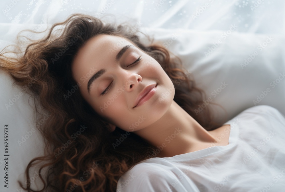 The dawn unveils a tranquil scene: a young and beautiful woman in peaceful slumber The dawn unveils a tranquil scene: a young and beautiful woman in peaceful slumber