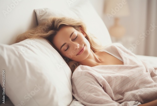 In the early morning calm, a young and beautiful woman finds solace in slumber photo