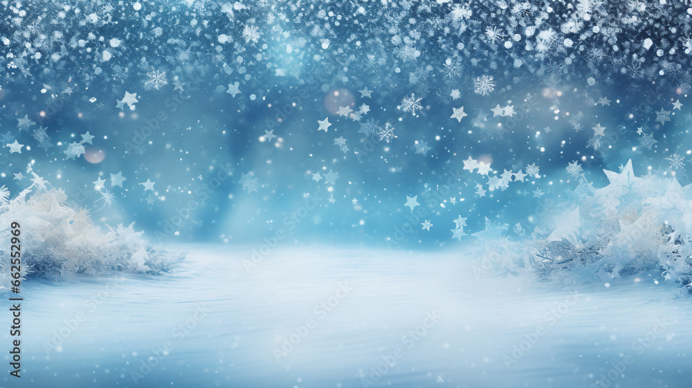 Christmas background snow blue background. Christmas snowy winter design. White falling snowflakes,