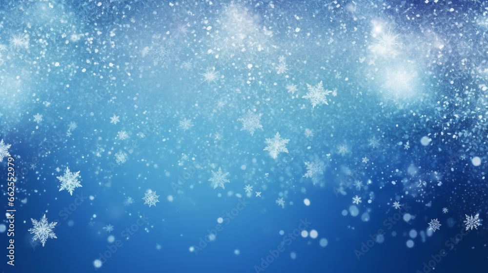 Christmas background snow blue background. Christmas snowy winter design. White falling snowflakes,