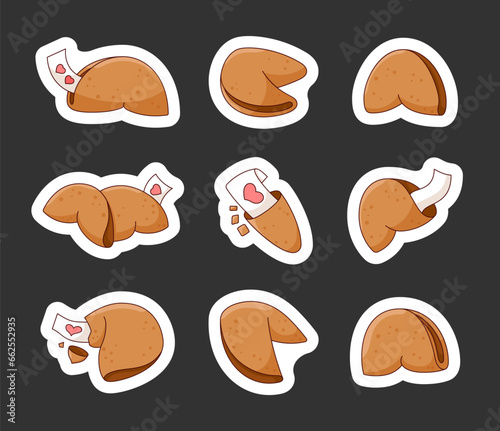 Chinese fortune cookies. Sticker Bookmark. Closed Chinese shortbread with blank paper for message, wishing, surprise. Vector drawing. Collection of design elements.