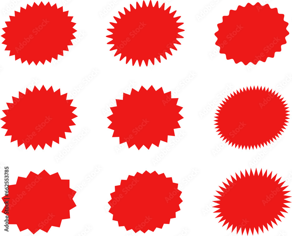 Starburst red sticker set - collection of special offer sale oval and round shaped sunburst labels and badges. Promo stickers with star edges. Vector. Starburst red sticker set - collection of special offer sale oval and round shaped sunburst labels and badges. Promo stickers with star edges. Vector.