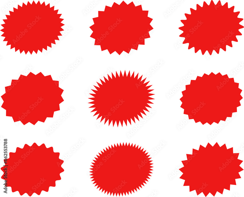 Starburst red sticker set - collection of special offer sale oval and round shaped sunburst labels and badges. Promo stickers with star edges. Vector.