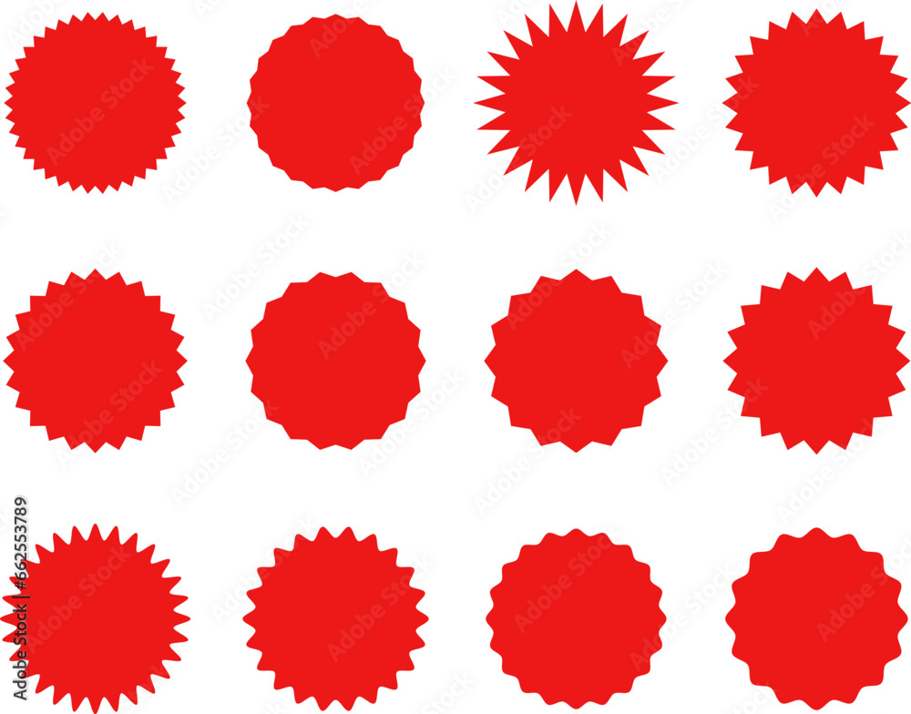 Starburst red sticker set - collection of special offer sale oval and round shaped sunburst labels and badges. Promo stickers with star edges. Vector. Starburst red sticker set - collection of special offer sale oval and round shaped sunburst labels and badges. Promo stickers with star edges. Vector.