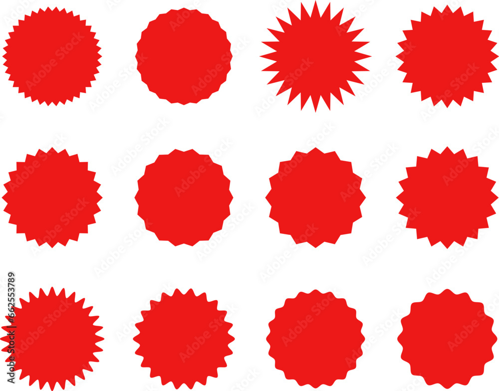 Starburst red sticker set - collection of special offer sale oval and round shaped sunburst labels and badges. Promo stickers with star edges. Vector.