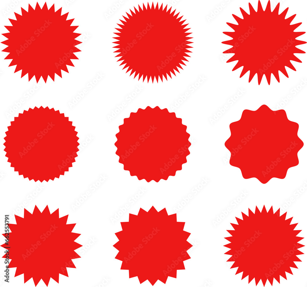 Fototapeta premium Starburst red sticker set - collection of special offer sale oval and round shaped sunburst labels and badges. Promo stickers with star edges. Vector.