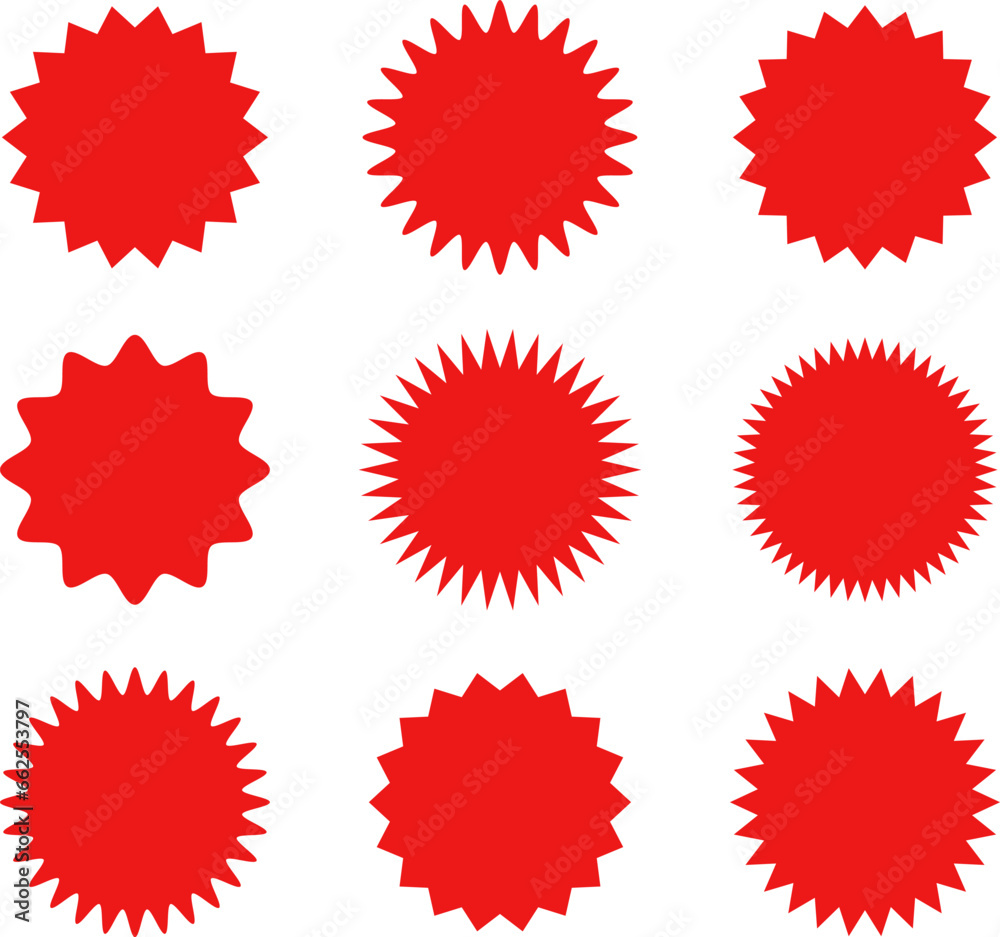 Starburst red sticker set - collection of special offer sale oval and round shaped sunburst labels and badges. Promo stickers with star edges. Vector. Starburst red sticker set - collection of special offer sale oval and round shaped sunburst labels and badges. Promo stickers with star edges. Vector.