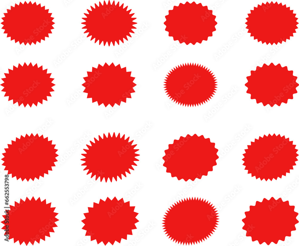 Fototapeta premium Starburst red sticker set - collection of special offer sale oval and round shaped sunburst labels and badges. Promo stickers with star edges. Vector.