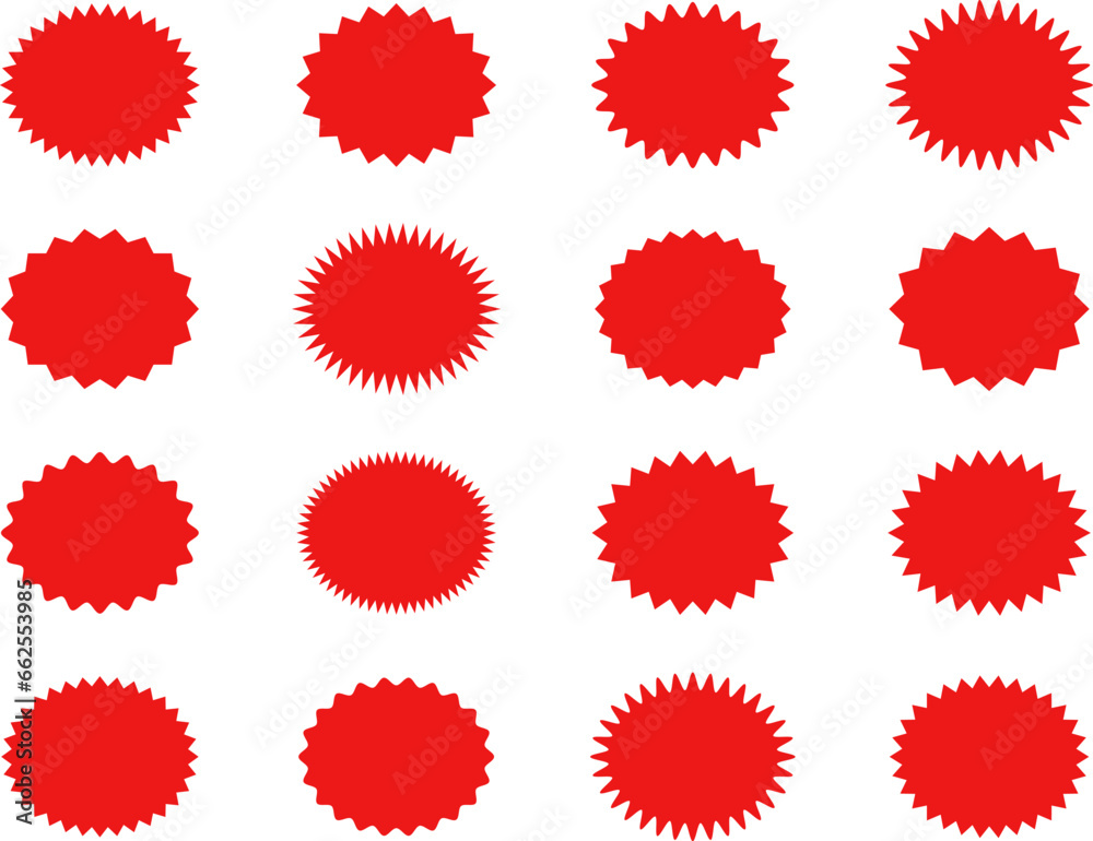 Fototapeta premium Starburst red sticker set - collection of special offer sale oval and round shaped sunburst labels and badges. Promo stickers with star edges. Vector.