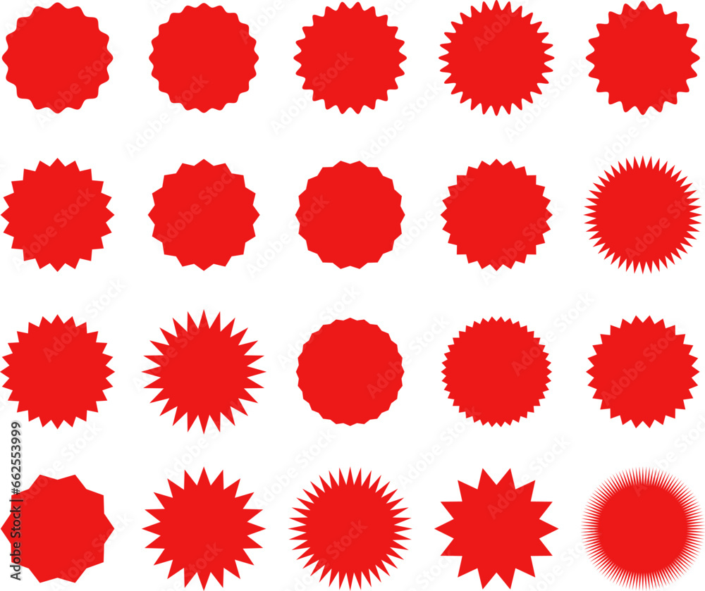 Starburst red sticker set - collection of special offer sale oval and round shaped sunburst labels and badges. Promo stickers with star edges. Vector. Starburst red sticker set - collection of special offer sale oval and round shaped sunburst labels and badges. Promo stickers with star edges. Vector.