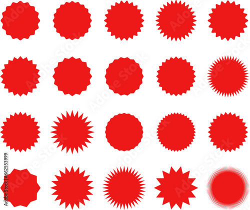 Starburst red sticker set - collection of special offer sale oval and round shaped sunburst labels and badges. Promo stickers with star edges. Vector.