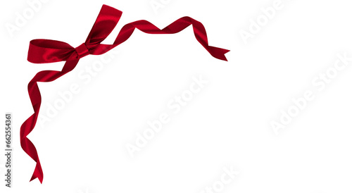 red bow ribbon on top left corner, transparent and white background, PNG image.	