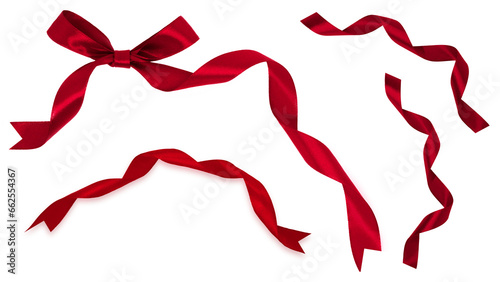 Photographie set of red ribbons with red bow on top left corner, transparent and white background, PNG image