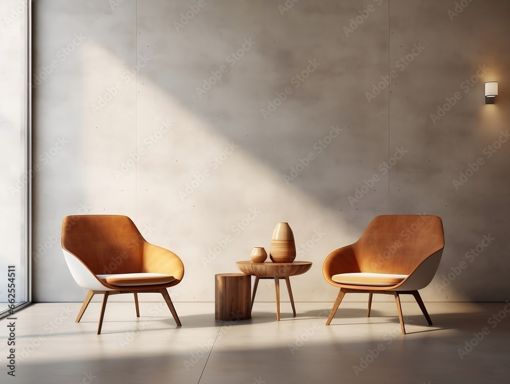 Fototapeta premium Two wooden leather chairs with a coffee table in a modern home generative ai